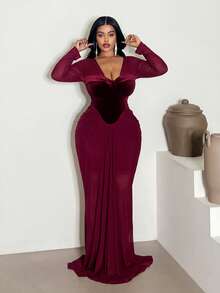 Maweii Damen Samtkleid in Große Größen mit langen Ärmeln, geeignet für Ball, Date, Party, tailliert, bodenlang - Bordeaux - Übersicht 5