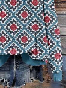 Mellowie 休闲简约菱形针织几何印花圆领宽松女式运动衫，适合秋冬季 - 彩色 - 查看 4