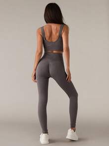 SHEIN BAE Bộ đồ tập thể thao nữ liền mạch co giãn cao Áo ngực & quần legging Bộ đồ tập thể dục cho nữ Bộ đồ legging cho nữ - Cà phê nâu - Xem 2