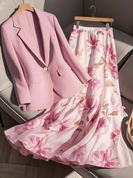 Regalyn Plus Size Women's Fashionable Commuter Gentle Elegant Party Knowledgeable Blazer Jacket And Floral Print Skirt 2 Pieces Set, Business Casual Outfit Fall Cloth For Women Autumn