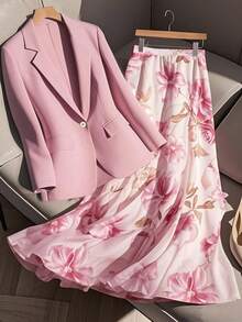 GlowEve CURVE 大码女式时尚通勤温柔优雅派对知识渊博的西装外套和花卉印花裙 2 件套，商务休闲装 - 粉色 - 查看 1