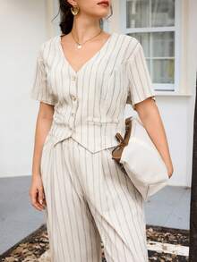 SHEIN Frenchy Plus Size Spring/Summer Casual Minimalist Versatile Striped 2 Pieces Suit Set, Women Blazer + Pants In Fall/Winter