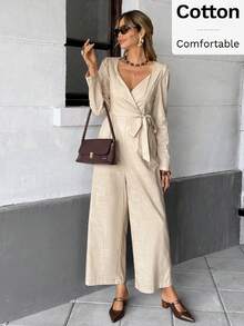 SHEIN Frenchy Bộ đồ liền thân màu trơn thanh lịch dành cho nữ khi đi làm - Màu be - Xem 7