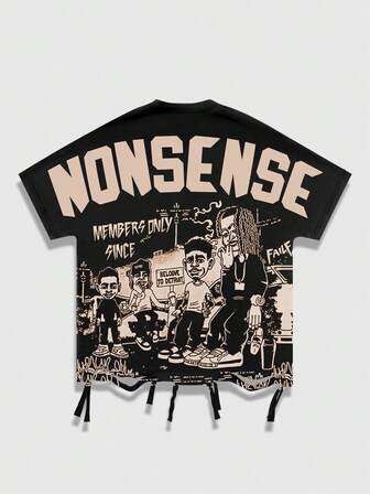 Street Life Men's Graphic Print Batwing Sleeve T-Shirt, Casual Streetwear, Halloween, 2000s Style