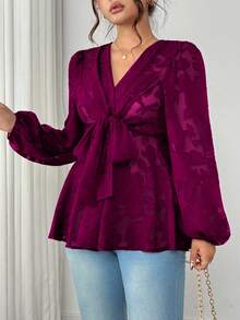 Elenzga 大码女式V领半透明长袖交叉蝴蝶结腰部优雅衬衫 - 酒紅色 - 查看 3