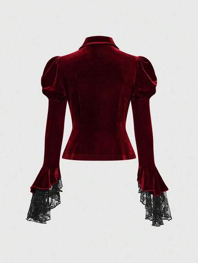 Goth Gothic Style Christmas Palace Bat Collar Cross Pendant Flare Sleeve Velvet Lace Jacket