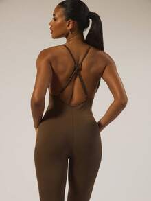 MUSERA ESSENTIALS Strappy Fitted Jumpsuit Catsuit Basic Autumn Winter Casual Going Out Everyday Night Out Sexy Cute Cosy - Coffee Brown - View 2