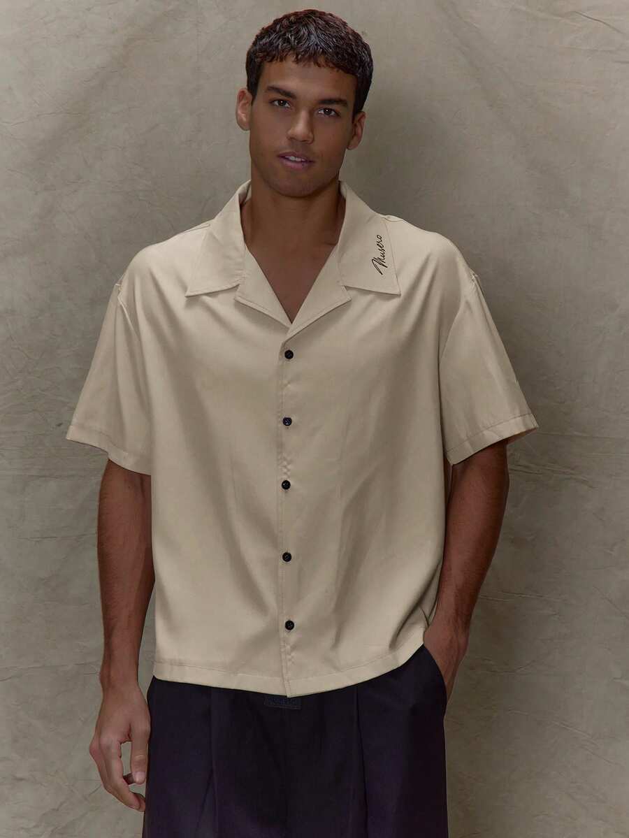 Musero Revere Collar Embroidery Button Through Boxy Shirt SPRING SUMMER - Beige - View 1