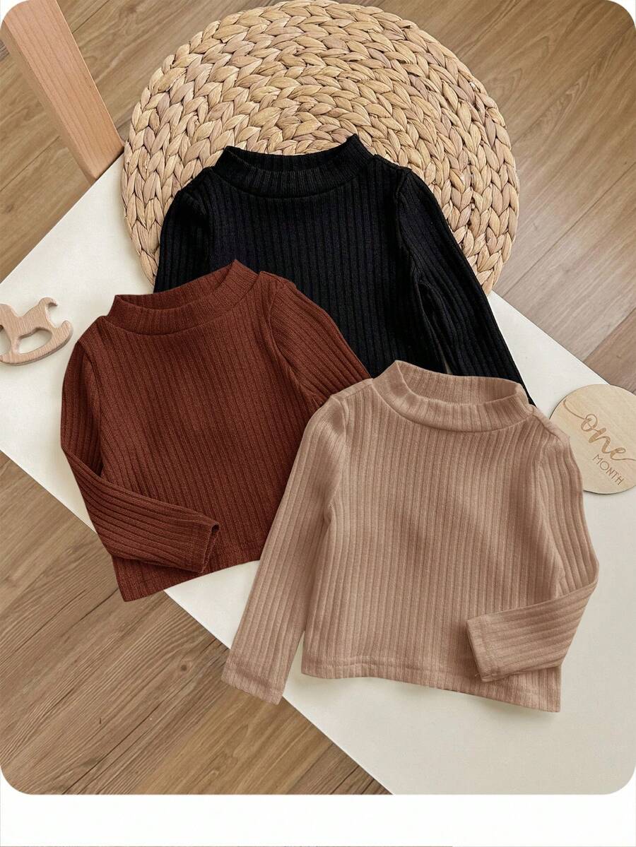 3pcs/Set Baby Girl Cute Solid Color Elastic Long Sleeve Knit Base Layer Tops, Autumn/Winter - Multicolor - View 1