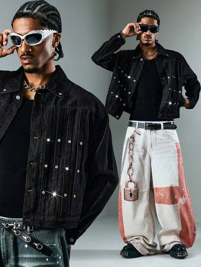 ROMWE MEN Street Life Men's Turquoise Rhinestone Decor Long Sleeve Denim Jacket