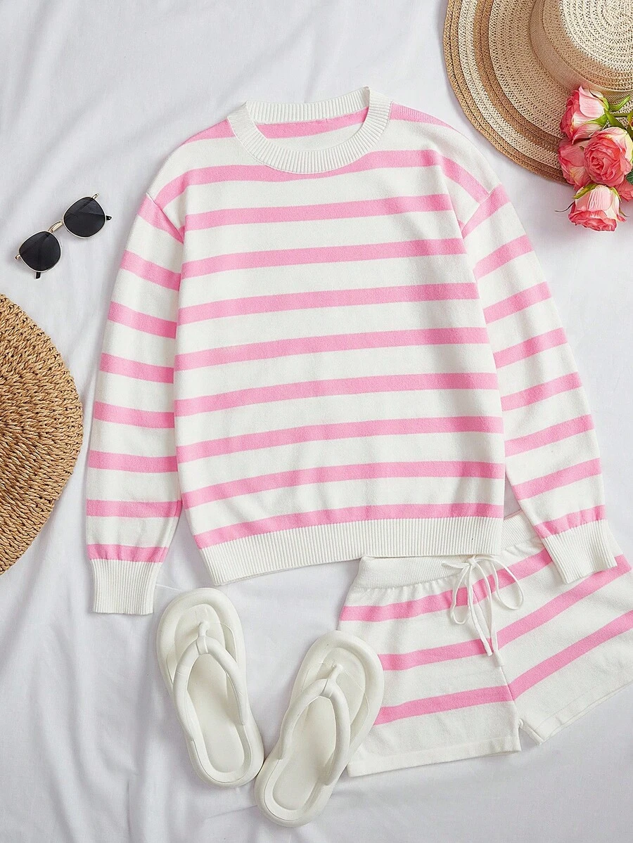 SHEIN PETITE 2 件套女士条纹毛衣套装，适合秋季女士秋装 - 粉色 - 查看 1