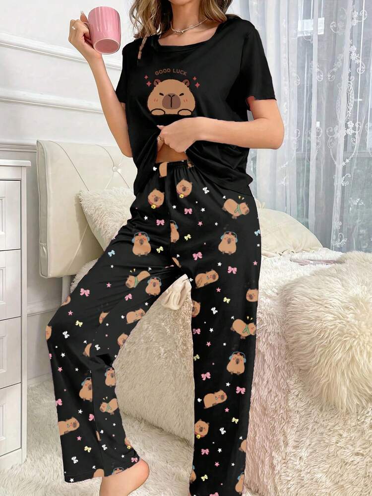 2pcs Cute Animal Print Short Sleeve Pajama Set - Multicolor - View 8