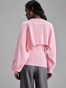 Ontre 1pc Women's Soft Pink Knitted Set,Loose Drop Shoulder Long Sleeve Cropped Top & Camisole,Wool Blend Sweater For Autumn,Casual Lounge & Holiday Party - Baby Pink - View 3