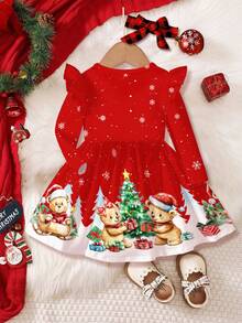 SHEIN Happikins Christmas Series, Red Christmas, Cute Cartoon Christmas Sleigh Bear Illustration & Snowflake Pattern Print, Young Girl Casual Elegant Sweet Fashion Flare Sleeve Long Sleeve Christmas Dress, Suitable For Autumn/Winter Daily Wear, Christmas Party, Photo Shoot, Home