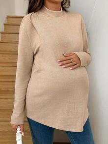 SHEIN 休闲简约高领长袖哺乳上衣 - 卡其色 - 查看 3