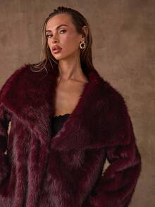 SHEIN BAE 女士优雅长款仿毛领大衣，秋冬 - 酒紅色 - 查看 3