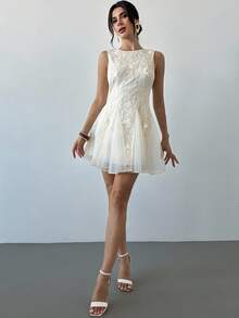 Firerie Women's Floral Textured Round Neck Sleeveless Elegant Contrast Mesh Dress,Mother's Day,Patchwork Tulle Dress, Princess Dress, Birthday Dress, Party Dress, Wedding Season, White Dress Embroidered Dress,Graduation,Prom,Country,Summer Dresses For Women - Apricot - View 6