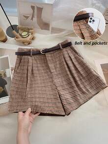 Franclia 大码女式千鸟格口袋羊毛短裤，休闲通勤百搭服装，秋冬季系带短裤，女式粗花呢短裤，千鸟格短裤，优雅短裤，千鸟格裙裤，短裙，格子短裤，褶皱短裤，系带短裤
