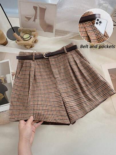 Franclia 大码女式千鸟格口袋羊毛短裤，休闲通勤百搭服装，秋冬季系带短裤，女式粗花呢短裤，千鸟格短裤，优雅短裤，千鸟格裙裤，短裙，格子短裤，褶皱短裤，系带短裤