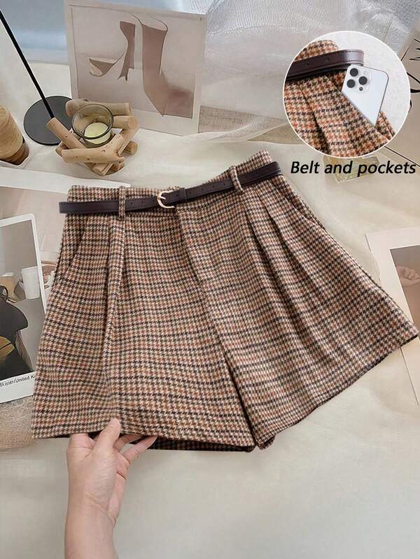 Franclia Plus Size Women Plaid Pocket Woolen Shorts, Casual Commuter Versatile Clothing, Autumn/Winter Belted Shorts Women Tweed Shorts Plaid Shorts Elegant Shorts Plaid Skirt Shorts Short Skirt Checkered Shorts Pleated Shorts