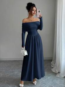 Elenzga Gaun Wanita Lengan Panjang Berlipit Tanpa Bahu dengan Warna Polos - Royal Blue - View 3