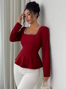 Elenzga Women's Solid Color Square Collar Pearl Decor Waist Cinched Long Sleeve Blouse, Autumn - Burgundy - View 3