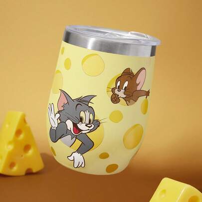 TOM & JERRY X SHEIN 12盎司/360毫升 印花不锈钢平底保温杯，带杯盖