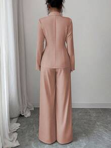 Elenzga 女士杏色厚面料V领西装外套设计黑色撞色纽扣假口袋教师制服优雅职业装，感恩节万圣节氛围，秋季新品时尚必备，长袖腰部收紧宽松直筒裤两件套 - 粉色 - 查看 2