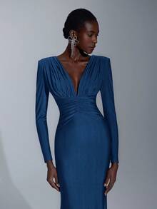 Elitara Elegant, Romantic, Sexy, Minimalist, Plum Red, Stretchy, Deep V-Neck, Long Sleeve, Fishtail Hem, Fashionable, Influencer Style, Suitable For Holidays, Vacation, Birthday Party, Wedding Events, Bridesmaid Dress - Navy Blue - View 2