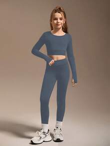 SHEIN Set di abbigliamento attivo a maniche lunghe per ragazze pre-adolescenti, tessuto leggero e ad alta elasticità con design a incrocio sulla schiena, adatto per fitness, ciclismo, jogging, sport