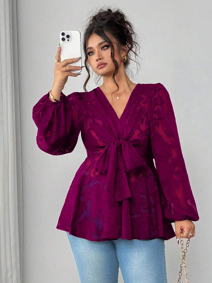Elenzga 大码女式V领半透明长袖交叉蝴蝶结腰部优雅衬衫 - 酒紅色 - 查看 1