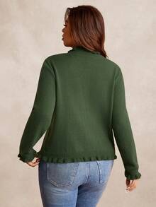 SHEIN PETITE CURVE 大码绿色荷叶边下摆纽扣设计长袖毛衣 - 軍綠色 - 查看 2