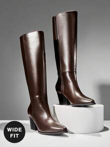 SHUZIA 女式宽筒迷人舒适尖头粗跟及膝长靴 - 咖啡棕 - 查看 5