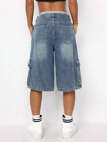 SHEIN ICON Women's Summer Fashionable Distressed Wide-Leg Denim Shorts - Dark Wash - View 2