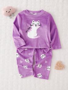 女童睡衣，可爱猫咪印花羊毛长袖上衣和裤子套装，甜美优雅，适合女婴，秋冬 - 紫色 - 查看 1