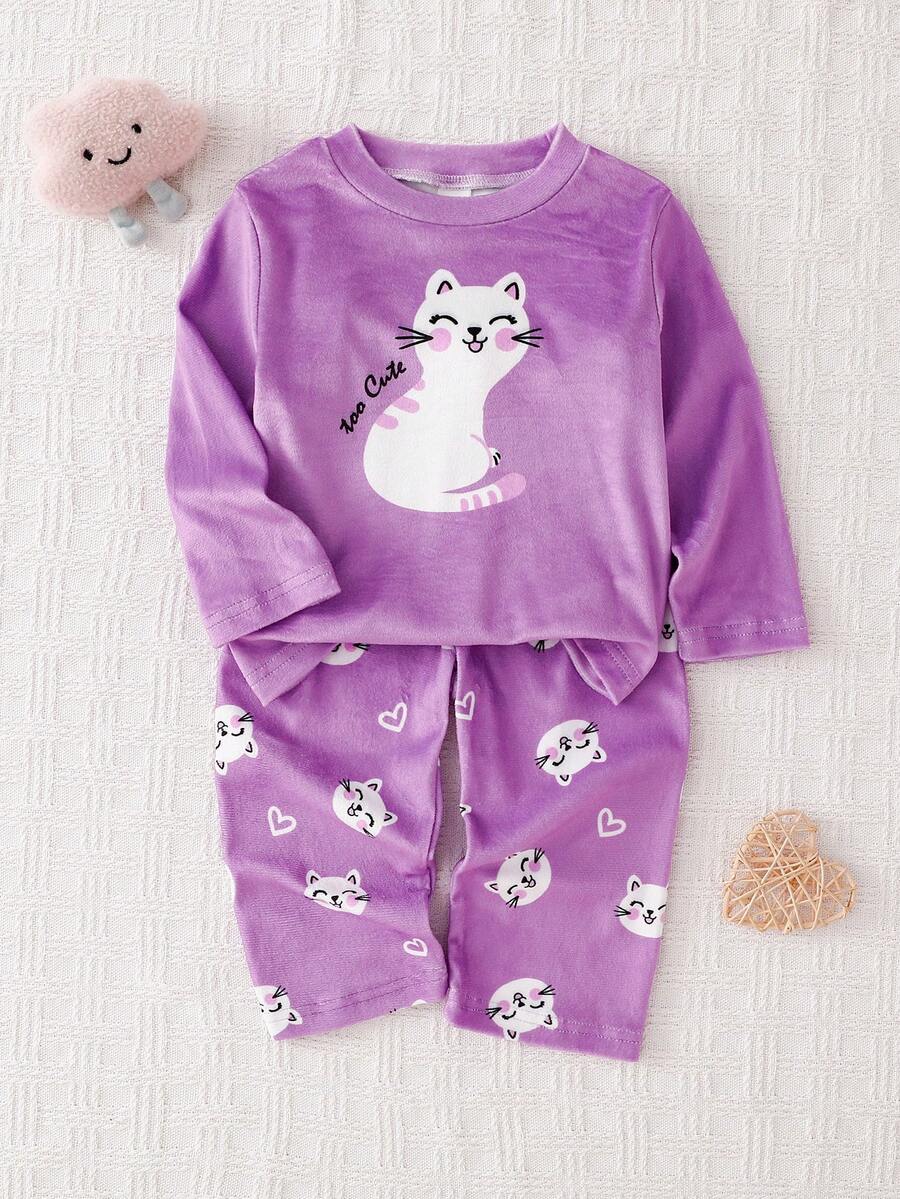 女童睡衣，可爱猫咪印花羊毛长袖上衣和裤子套装，甜美优雅，适合女婴，秋冬 - 紫色 - 查看 1