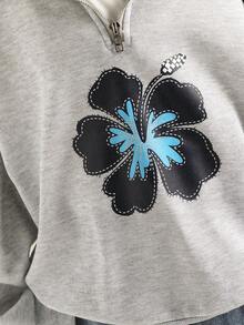 Sweetra Young Tween Girl Floral Print Drop Shoulder Long Sleeve Zip-Up Casual Fleece Sweatshirt, Autumn/Winter - Grey - View 4