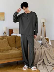 DAZY 纯色圆领半拉链T恤，搭配男士家居服套装，适合秋冬季穿着