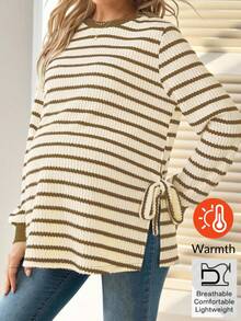 SHEIN 孕妇休闲条纹侧开衩卫衣，秋季长袖上衣 - 棕色 - 查看 3