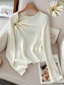 Chiquease 女式不对称领口金属装饰罗纹休闲舒适T恤 - 杏色 - 查看 1