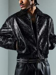 ROMWE MEN Street Life Men's KPOP Motorcycle Zip-Up Leather Long Sleeve Jacket - Black - View 4