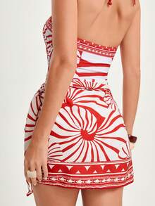 CAJUNI 女士花卉印花系腰罩衫裙套装，度假风 - 紅白色 - 查看 2