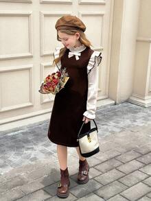SHEIN Tween Girls Apricot Dark Brown Jacquard Bow Tie Off-The-Shoulder Long Sleeve Sweater Dress,Vintage Autumn Back-To-School Family Matching Formal Dress - Brown - View 9