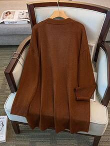Elenzga 大码女式纯色休闲宽松落肩长袖开衫，秋冬 - 棕色 - 查看 2