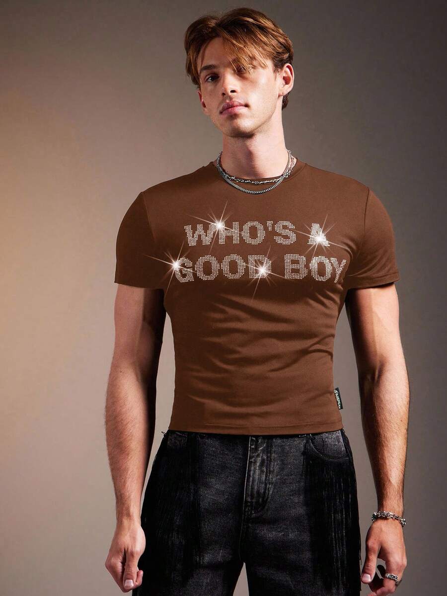 FeverCity Men's Rhinestone Embellished Crew Neck Short Sleeve T-Shirt,High Stretch - Brown - View 1