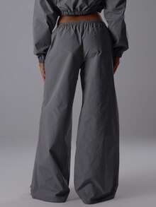 MUSERA 阔腿宽松抽绳腰尼龙长裤，优雅夜生活性感可爱酷女孩街头风，适合夏日休闲穿着。 - 深灰色 - 查看 4