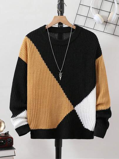 青少年男孩拼色圆领柔软舒适落肩长袖休闲宽松针织毛衣，秋冬