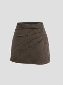 Sweetra Plus Size Suede Pleated Asymmetric Zipper Decor Minimalist Commuter Short Skirt, Brown, Autumn/Winter - Brown - View 3