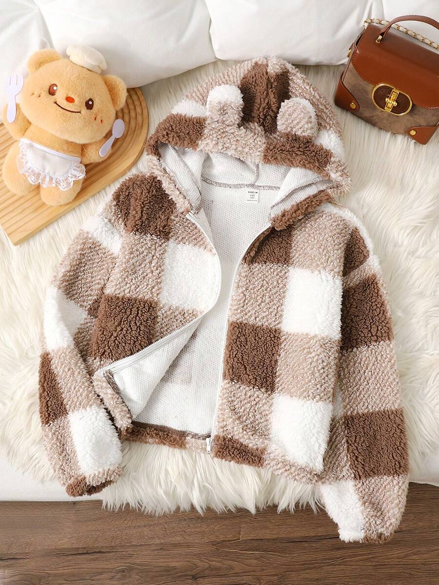 SHEIN Tween Girls' Plaid Reversible Thermal Lined Thick Teddy Jacket With Cute 3D Ear Hood, Casual Autumn/Winter - Brown - View 1