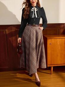 Vintamour Vintage Elegant Women Shirt Contrast Trim Bowknot Ruffle Hem Button Casual Blouse Work Vacation Autumn Fall For Women Fall For Women Autumn For Women Winter For Women's Winter Christmas Women's Christmas For Women Christmas For Women Elegant Women's Blouses School - Black - View 4